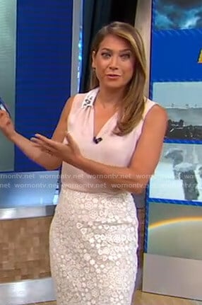 Ginger's pink sleeveless blouse and lace skirt on Good Morning America