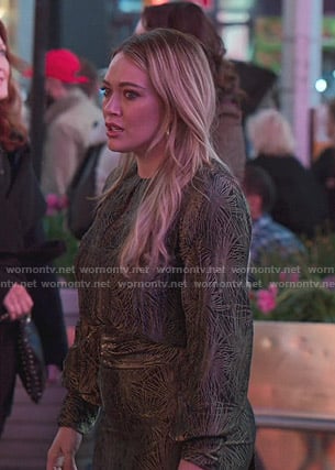 Kelsey's metallic printed keyhole mini dress on Younger