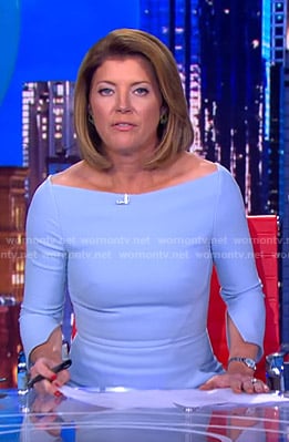 Norah's blue slit-sleeve dress on CBS Evening News