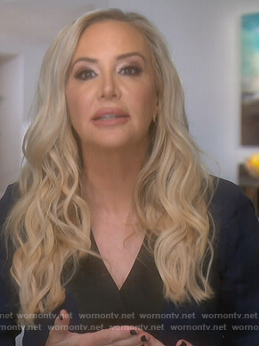 Shannon's navy wrap blouse on The Real Housewives of Orange County