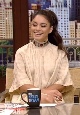 Vanessa Hudgens's beige floral embellished dress on Live with Kelly and Ryan