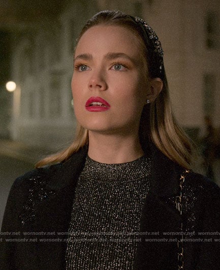 Ainsley's black embellished coat on Four Weddings and a Funeral
