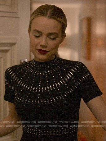 Ainsley's black embellished short sleeve dress on Four Weddings and a Funeral