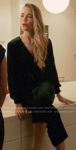 Ainsley's green velvet jumpsuit on Four Weddings and a Funeral