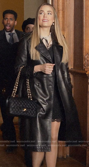 Ainsley's leather trench coat and lace dress on Four Weddings and a Funeral