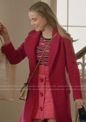Ainsley's pink zig zag sweater and button front skirt on Four Weddings and a Funeral
