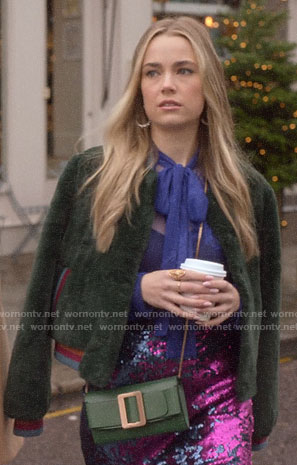 Ainsley's purple lace blouse and sequin skirt on Four Weddings and a Funeral