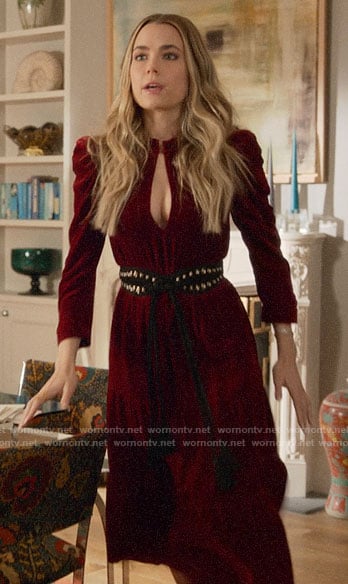 Ainsley's velvet puff-sleeve dress on Four Weddings and a Funeral