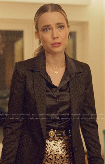 Ainsley's black diamond blazer and sequin leopard skirt on Four Weddings and a Funeral