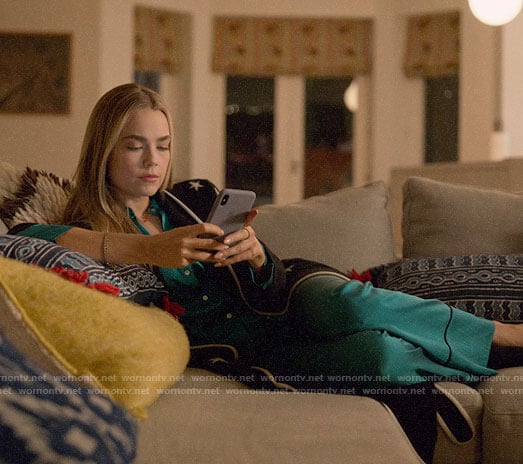 Ainsley's green silk pajamas and black star print robe on Four Weddings and a Funeral