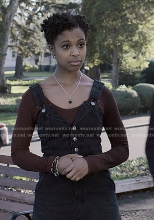 Ani's black denim pinafore dress on 13 Reasons Why