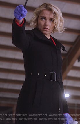 Lizzie's black belted trench coat on Instinct