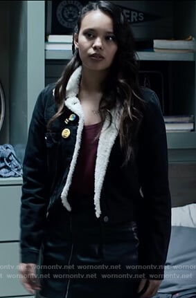 Jessica's black denim shearling jacket on 13 Reasons Why