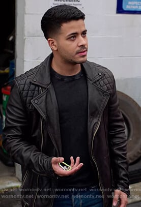 Tony's black leather moto jacket on 13 Reasons Why