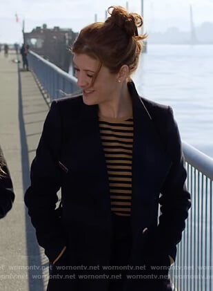 Olivia black striped wrap coat on 13 Reasons Why