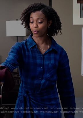 Ani's blue check tie shirtdress on 13 Reasons Why