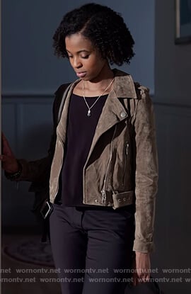 Ani's suede moto jacket on 13 Reasons Why