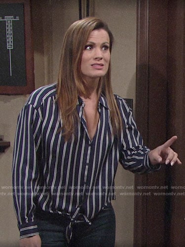 Chelsea's blue striped tie-front shirt on The Young and the Restless