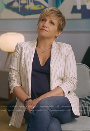 Gabrielle's white striped frayed blazer on BH90210