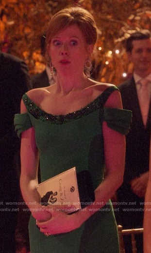 Gemma's green cold-shoulder gown on Four Weddings and a Funeral