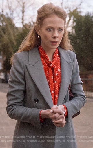 Gemma's red polka dot blouse and grey coat on Four Weddings and a Funeral