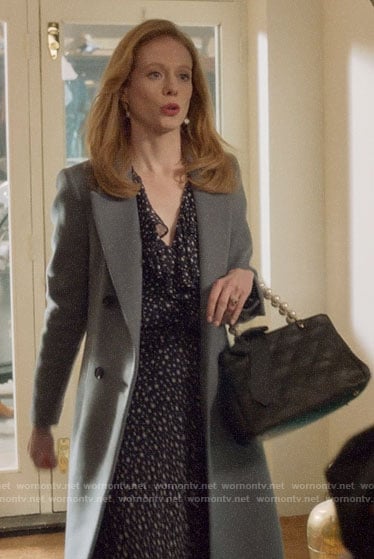 Gemma' star print dress and grey coat on Four Weddings and a Funeral