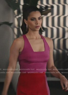 Gigi's pink square neck tank and colorblock pants on Grand Hotel