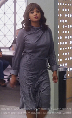 Jasmine's pinstripe belted dress on Instinct