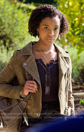 Ani's suede moto jacket and top on 13 Reasons Why