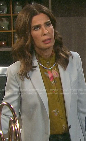 Hope's yellow floral ruffle neck blouse on Days of our Lives