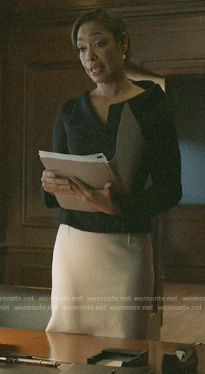 Jessica's black off-shoulder jacket on Pearson
