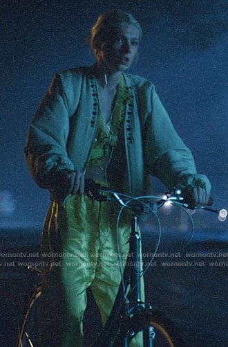 Jules's yellow ring detail top and beaded bomber jacket on Euphoria