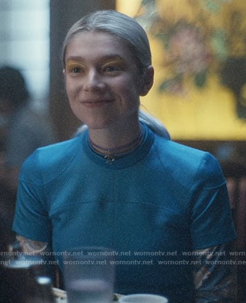 Jules's blue short sleeeve top on Euphoria