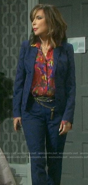 Kate's floral blouse and blue jacquard suit on Days of our Lives