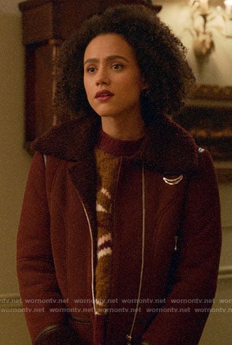 Maya's burgundy shearling aviator jacket on Four Weddings and a Funeral