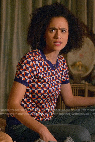 Maya's geometric print top on Four Weddings and a Funeral