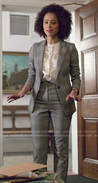 Maya's grey plaid suit on Four Weddings and a Funeral