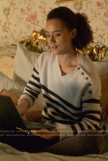 Maya's striped buttoned shoulder sweater on Four Weddings and a Funeral