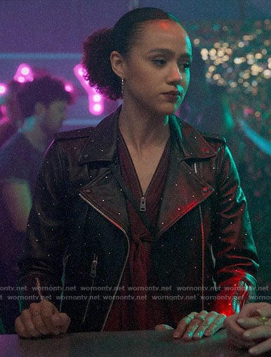 Maya's red zip front dress and studded leather moto jacket on Four Weddings and a Funeral