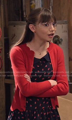 Molly's navy strawberry print peplum top on No Good Nick