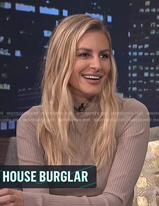 Morgan's beige ribbed mini dress on E! News Nightly Pop