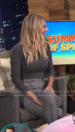 Morgan's grey sweater and button detail pants on E! News Nightly Pop