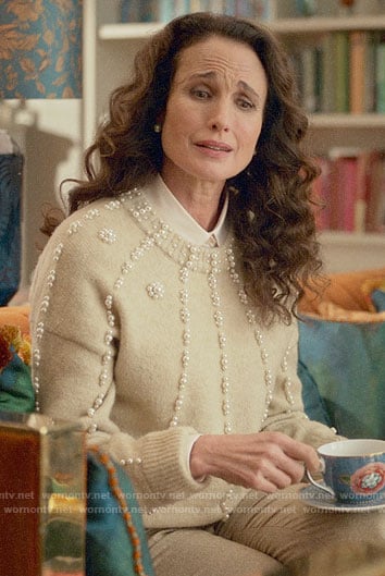 Mrs Howard's pearl embellished sweater on Four Weddings and a Funeral