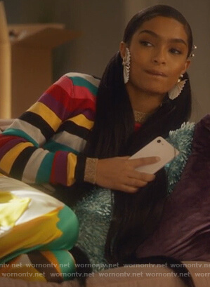 Zoey's striped sweater and print pants on Grown-ish