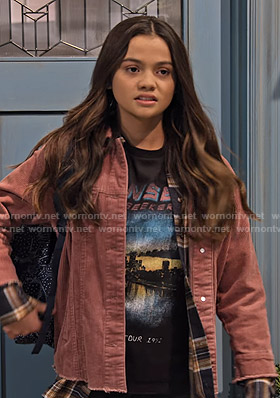 Nick's black graphic print tee and corduroy jacket on No Good Nick