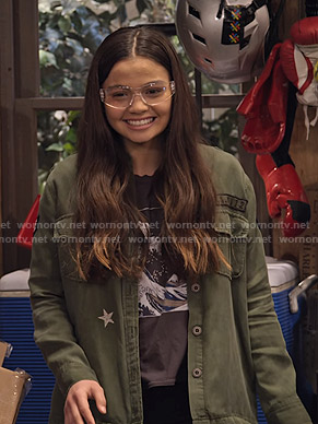 Nick's wave print tee and green military jacket on No Good Nick