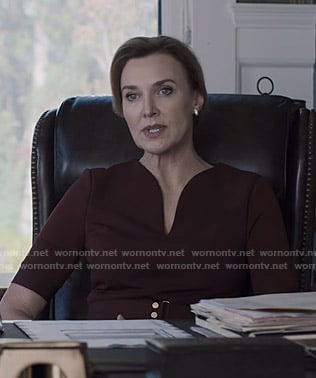 Nora's burgundy belted dress on 13 Reasons Why