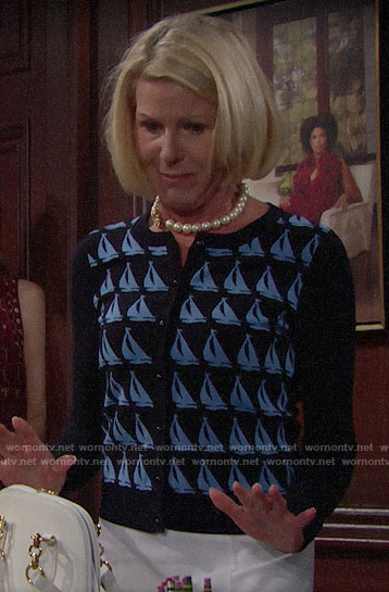 Pam's boat print cardigan on The Bold and the Beautiful