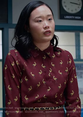 Courtney's burgundy pelican print blouse on 13 Reasons Why