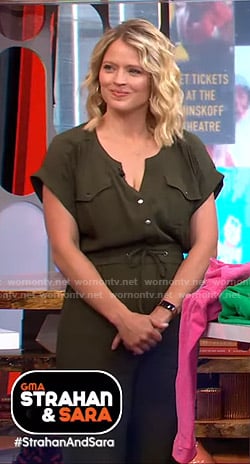 Sara's green utility jumpsuit on GMA Strahan And Sara